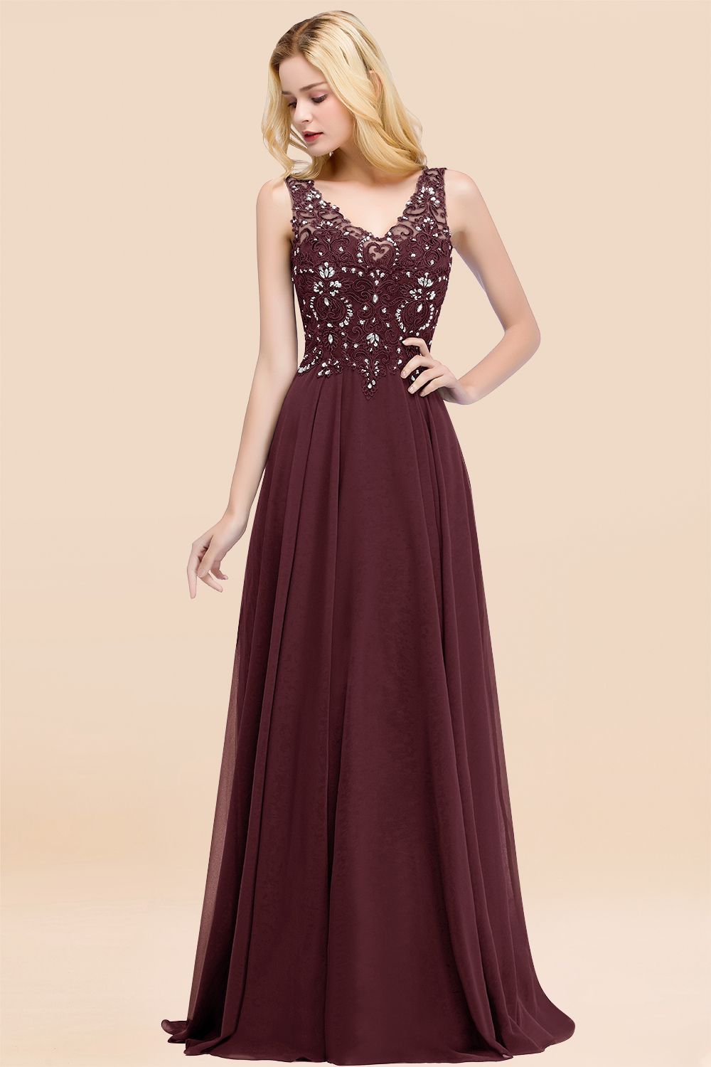 Long A-line Straps V Neck Applique Lace Floor Length Chiffon Bridesmaid Dresses - YESBABYONLINE