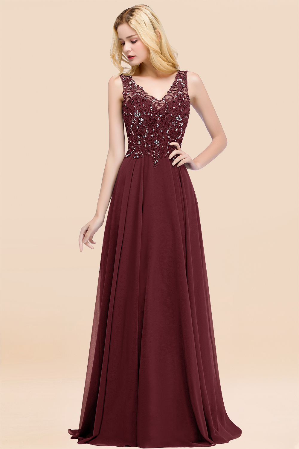 Long A-line Straps V Neck Applique Lace Floor Length Chiffon Bridesmaid Dresses - YESBABYONLINE