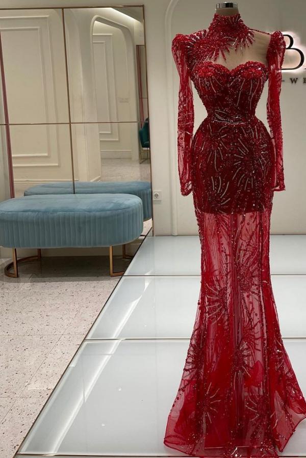 High Neck Long Sleeve Mermaid Tulle Appliques Floor Length Prom Dress