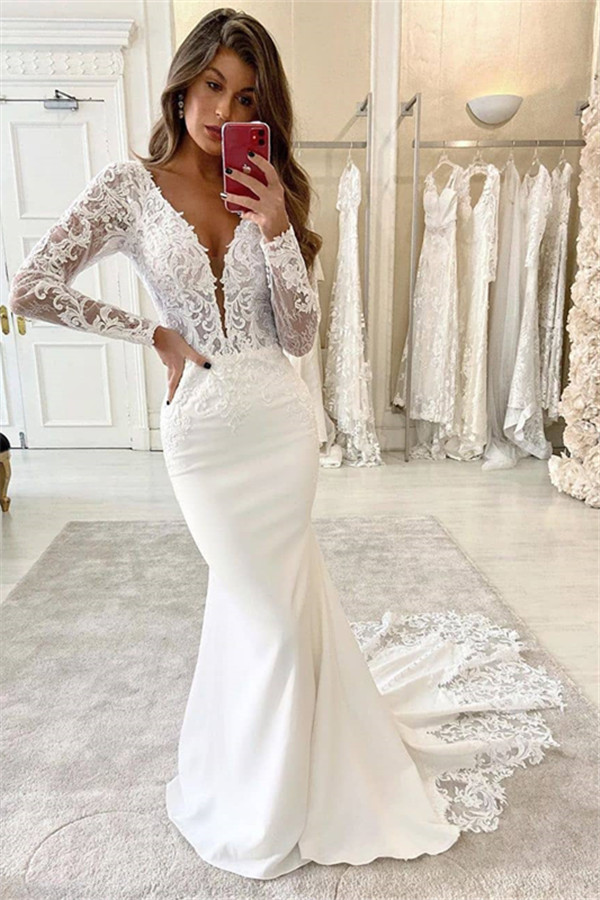 Long Memaid V Neck Satin Applique Lace Wedding Dresses with Sleeves - YESBABYONLINE