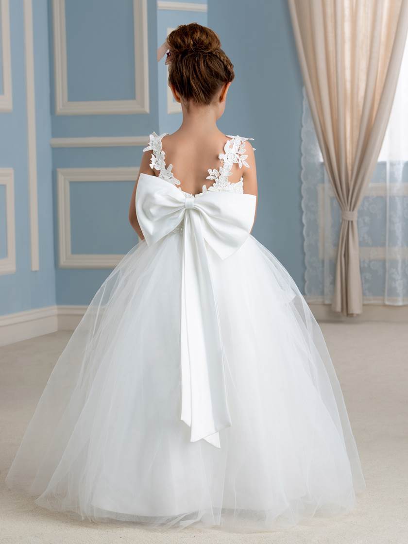 Long A-Line Tulle Lace Straps Sleeveless Bow Flower Girl Dress with Appliques - YESBABYONLINE