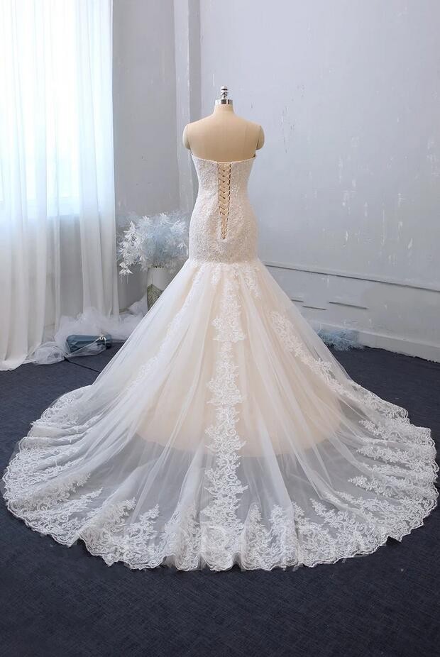 White Long Mermaid Strapless Sleeveless Tulle Lace Wedding Dresses - YESBABYONLINE