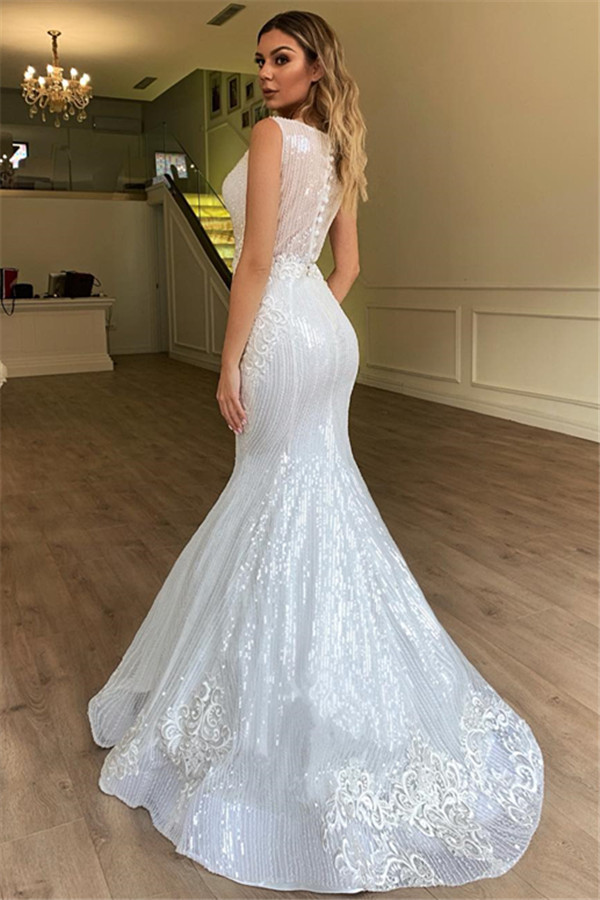 Gorgeous Long Mermaid V-neck Sleeveless Appliques Lace Tulle Wedding Dress - YESBABYONLINE