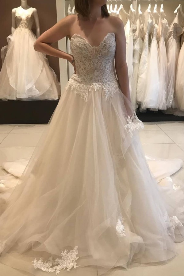 Long Sweetheart A-line Floor-length Lace Tulle Wedding Dresses - YESBABYONLINE