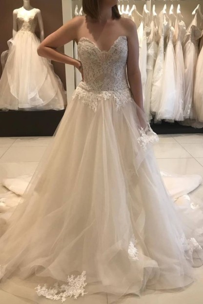 Long Sweetheart A-line Floor-length Lace Tulle Wedding Dresses - YESBABYONLINE
