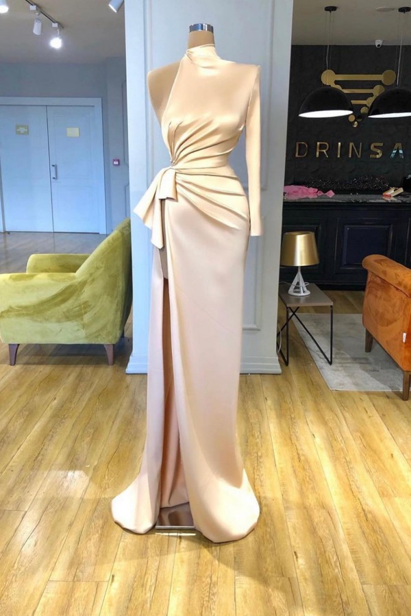 Elegant Long Mermaid High Neck Satin Front Slit Evening Prom Dresses with Sleeves - YESBABYONLINE