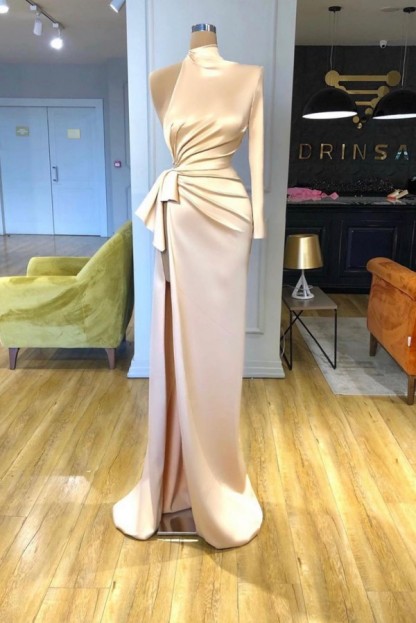 Elegant Long Mermaid High Neck Satin Front Slit Evening Prom Dresses with Sleeves - YESBABYONLINE