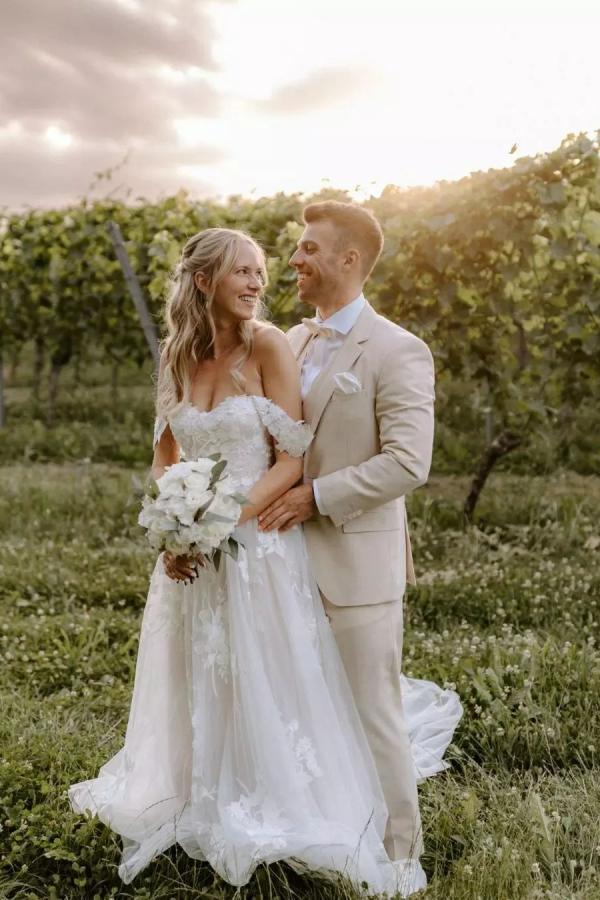 Elegant Long Off the Shoulder Satin Applique Lace Sleeveless A-Line Wedding Dresses - YESBABYONLINE