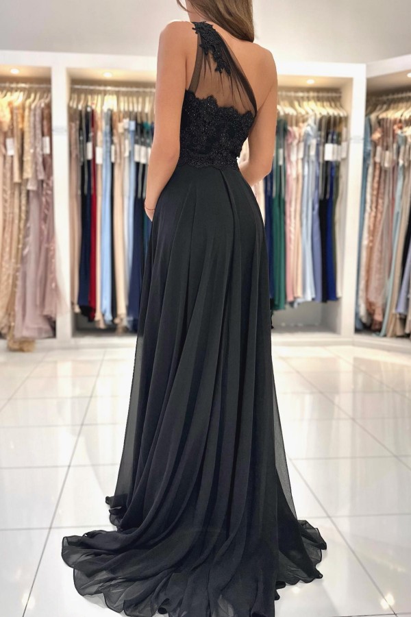 Black Long A-line One Shoulder Tulle Chiffon Prom Dress with Front Slit - YESBABYONLINE