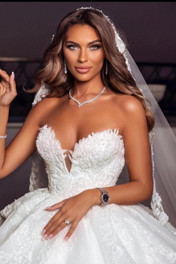 Long Ball Gown Sleeveless Sweetheart Lace Wedding Dresses - YESBABYONLINE