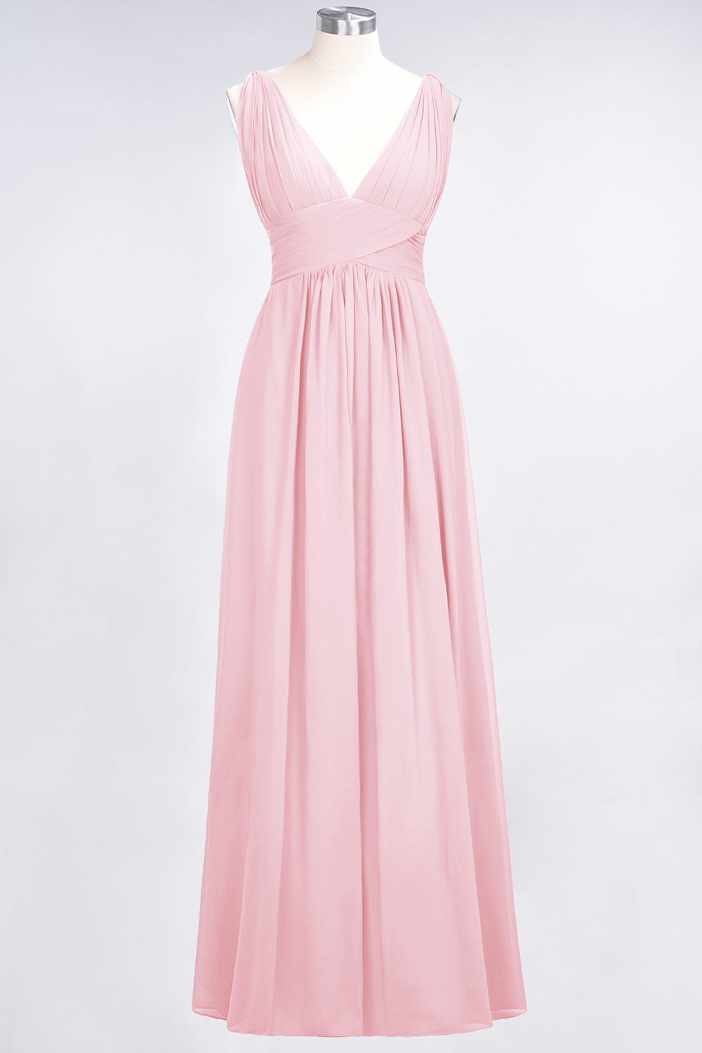 Long A Line V Neck Sleeveless Floor Length Bridesmaid Dress with Ruffle - YESBABYONLINE
