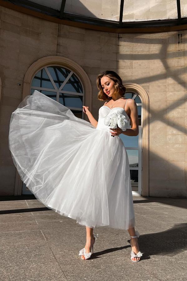 Short A line Spaghetti Strap Sweetheart Tea Length Sleeveless Tulle Wedding Dresses with Ruffles - YESBABYONLINE