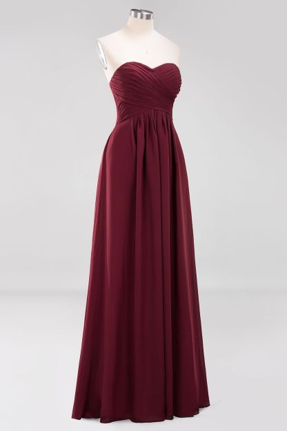 Long A Line Sweetheart Strapless Ruffles Floor Length Chiffon Bridesmaid Dress - YESBABYONLINE