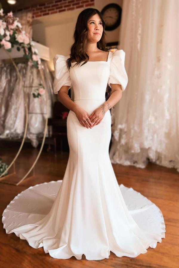 mermaid wedding dress for short bride Sweetheart Long-Sleeves Short Mermaid Wedding Dress Allover Lace Appli   Laxag