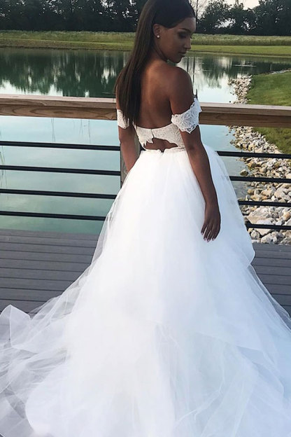 Chic Long A-line Off the Shoulder Tulle Sweetheart Lace Wedding Dresses - YESBABYONLINE