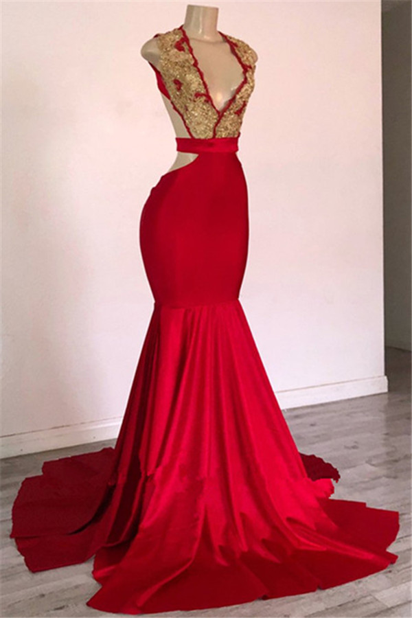 Red Long V-neck Straps Appliques Lace Backless Mermaid Prom Dresses - YESBABYONLINE