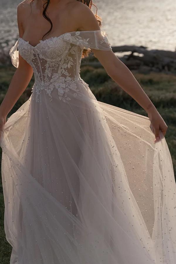 Off The Shoulder Open Back A-Line Tulle Long Wedding Dress