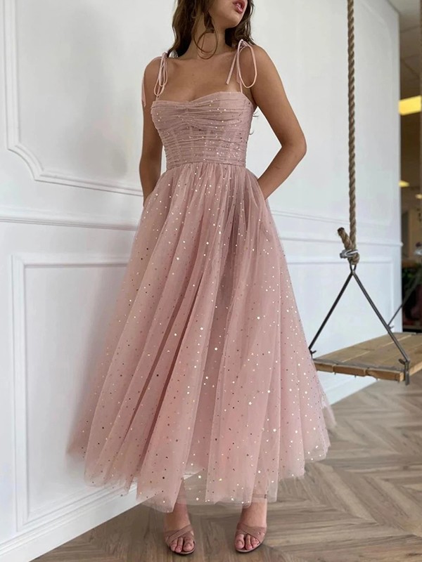 Unique A-Line Ruffles Spaghetti Straps Sleeveless Ankle-Length Dresses with Pockets - YESBABYONLINE