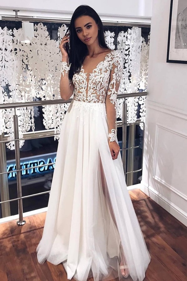 Long Sleeve A-line Tulle V-neck Applique Lace Floor Length Wedding Dresses with Slit - YESBABYONLINE