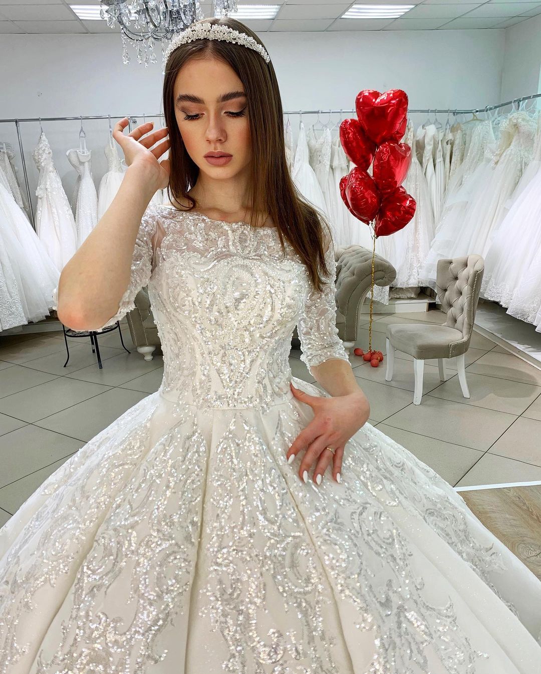 Long Ball Gown Satin Lace Wedding Dresses with Sleeves - YESBABYONLINE
