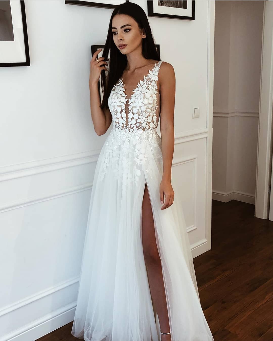 Beach Long Straps V Neck Applique Lace A Line Wedding Dresses with Side Slit - YESBABYONLINE