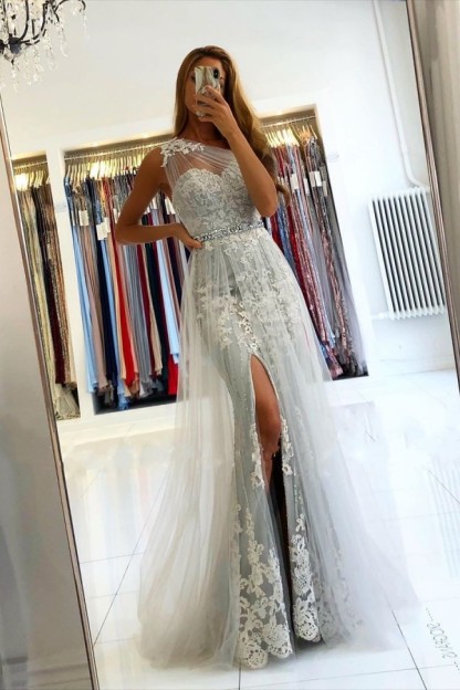 Unique Long One Shoulder  Tulle Train Mermaid Prom Dress with Side Split - YESBABYONLINE