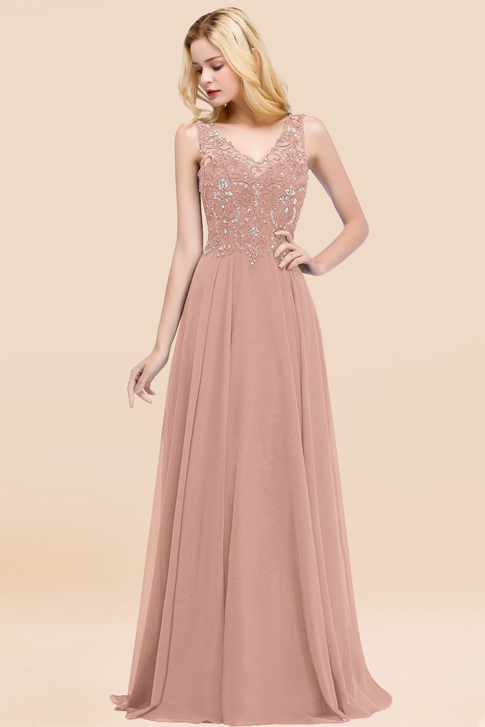 Long A-line Straps V Neck Applique Lace Floor Length Chiffon Bridesmaid Dresses - YESBABYONLINE