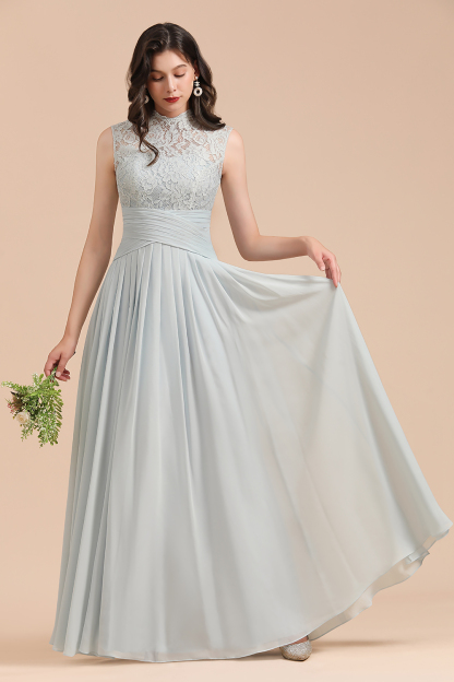 Long A-line High Neck Chiffon Lace Floor Length Bridesmaid Dresses - YESBABYONLINE