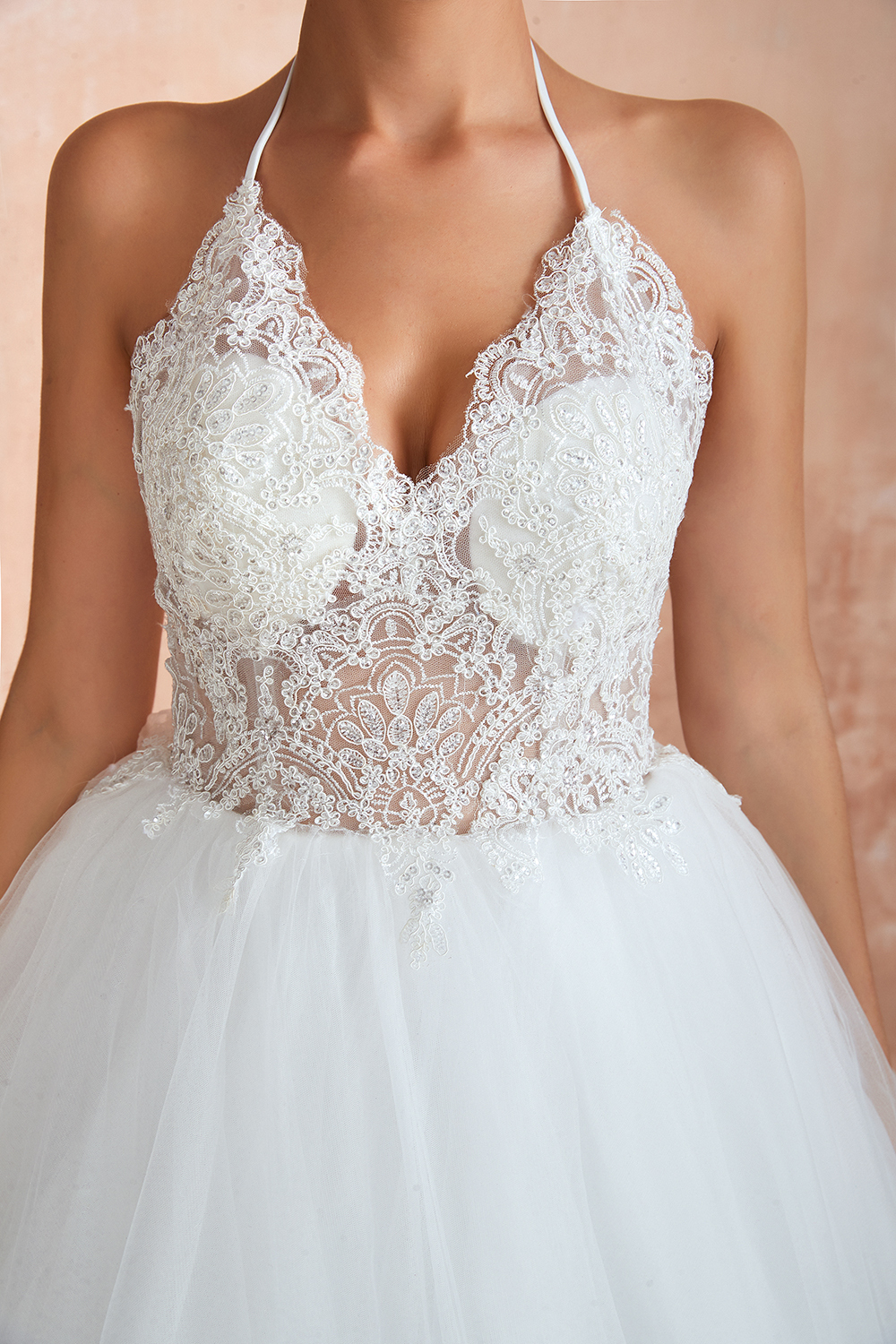 Long Ball Gown Halter Backless Tulle Lace Wedding Dresses - YESBABYONLINE