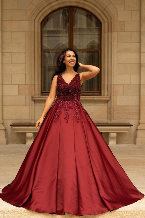 Elegant Long A-line V-Neck Satin Lace Backless Burgundy Wedding Dress - YESBABYONLINE