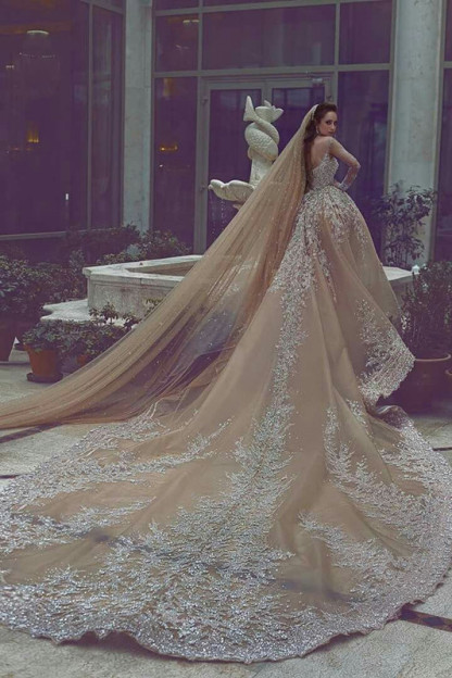 Luxury Long Ball Gown Tulle Lace Wedding Dresses with Sleeves - YESBABYONLINE