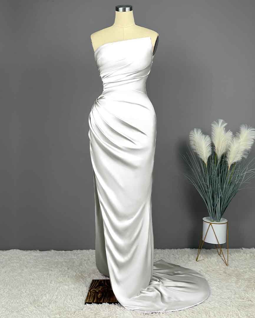 Elegant Long Strapless Sleeveless Mermaid Satin Prom Dresses with Slit - YESBABYONLINE