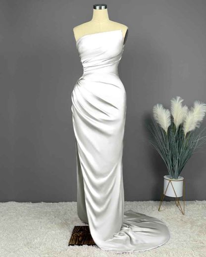 Elegant Long Strapless Sleeveless Mermaid Satin Prom Dresses with Slit - YESBABYONLINE