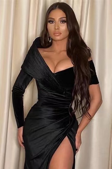 Elegant Long Sleeves Mermaid Off-The-Shoulder Satin Prom Dresses with Split - YESBABYONLINE