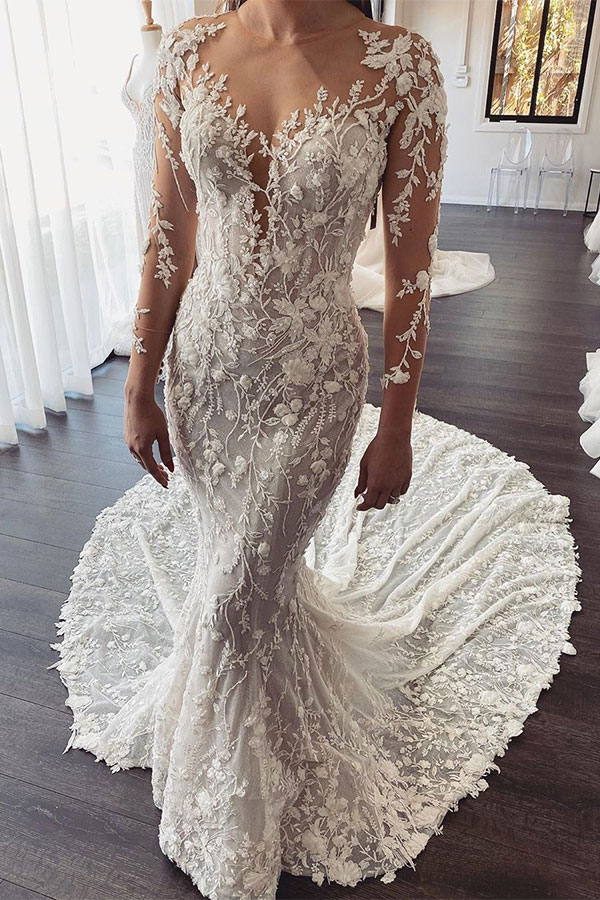 Elegant Long Sleeves Sweetheart Lace Tulle Mermaid Wedding Dresses - YESBABYONLINE
