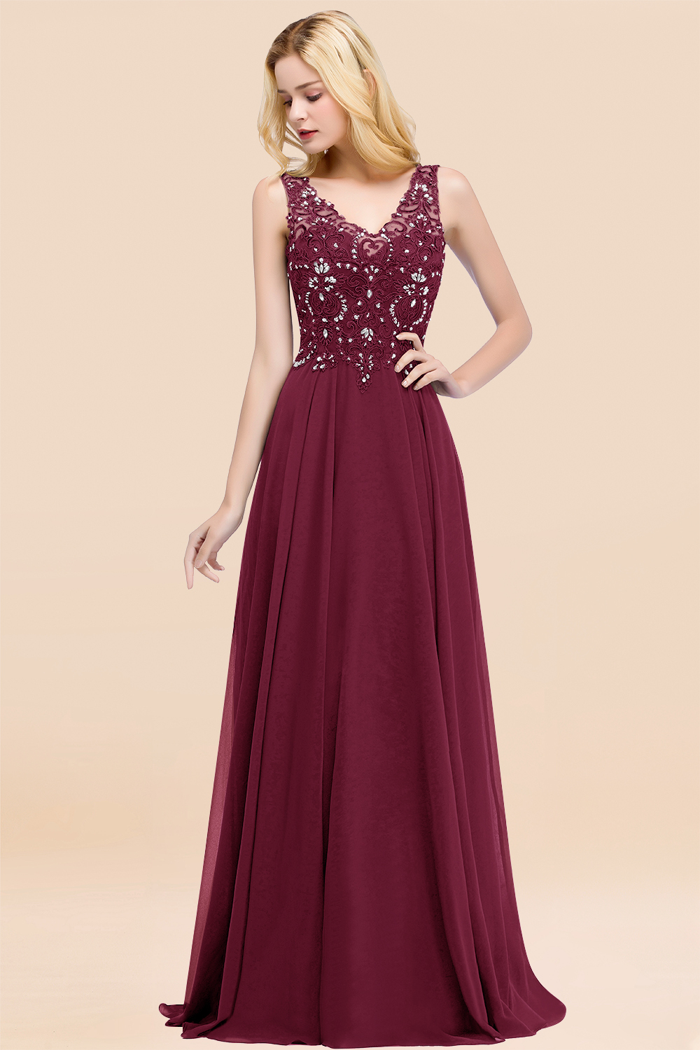 Long A-line Straps V Neck Applique Lace Floor Length Chiffon Bridesmaid Dresses - YESBABYONLINE