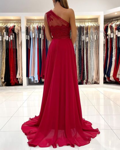 Elegant Long One Shoulder Appliques Lace Chiffon Ruffles Split A-Line Prom Dress - YESBABYONLINE
