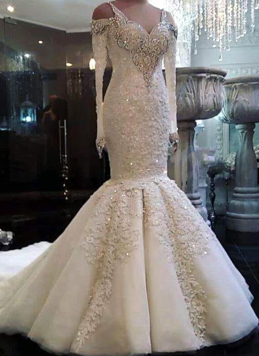 Charming Long Mermaid Off the Shoulder Satin Appliques Lace Wedding Dresses with Sleeves - YESBABYONLINE