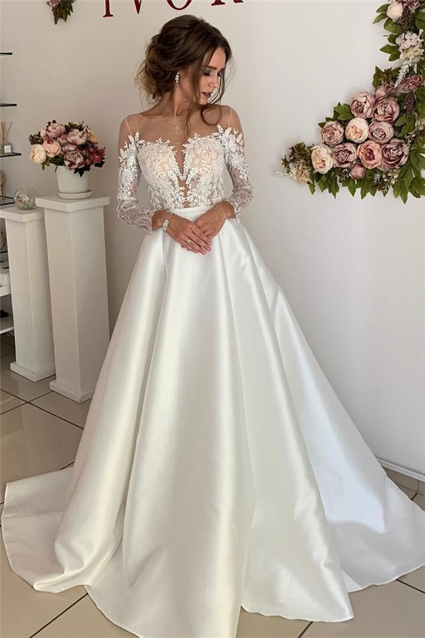 Long Sweetheart A-line Satin Appliques Lace Wedding Dresses with Sleeves - YESBABYONLINE