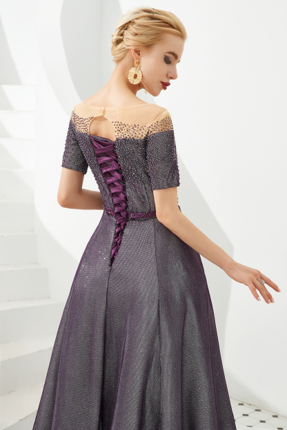 Glamorous Long A-line Round Neckline Floor Length Prom Dresses with Short Sleeves - YESBABYONLINE