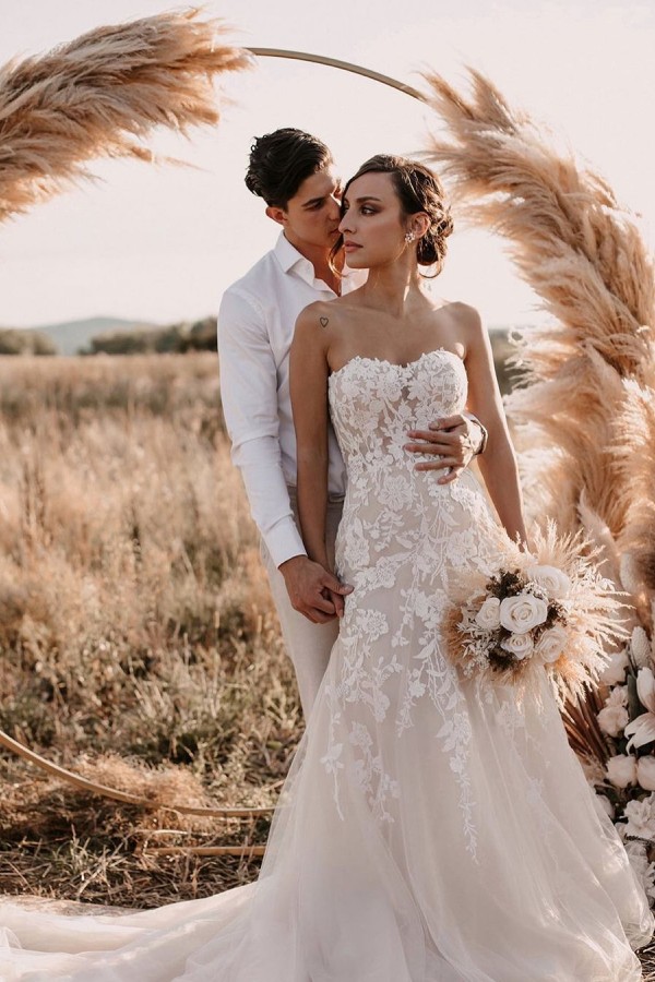 Simple Long Mermaid Sweetheart Tulle Lace Wedding Dress - YESBABYONLINE