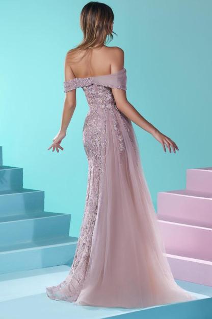 Beautiful Long Off-The-Shoulder Mermaid Split Front Tulle Lace Prom Dresses - YESBABYONLINE