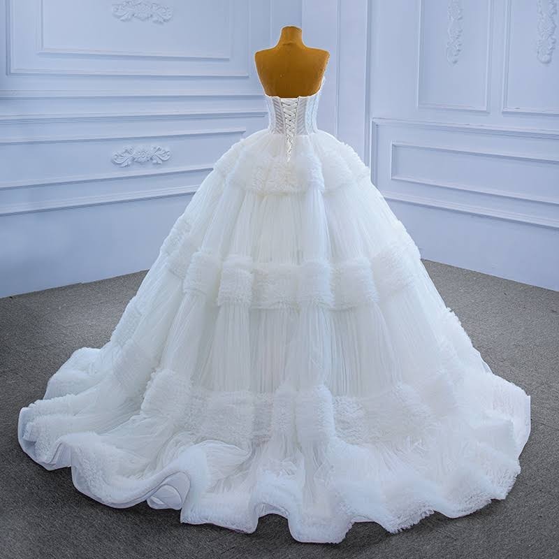 Charming Long Strapless Tulle Floor Length Lace Ball Gown Wedding Dress - YESBABYONLINE