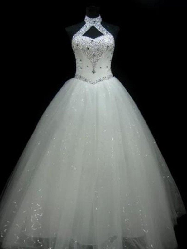 Long Ball Gown Halter Sleeveless Floor-Length Beaded Tulle Backless Wedding Dresses - YESBABYONLINE