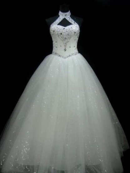 Long Ball Gown Halter Sleeveless Floor-Length Beaded Tulle Backless Wedding Dresses - YESBABYONLINE