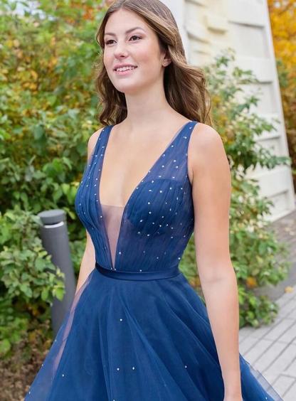 Glamourous Long A-line V-neck Sleeveless Tulle Prom Dresses - YESBABYONLINE