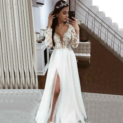 Long Sleeves V Neck Tulle Applique Lace A Line Wedding Dresses with Side Slit - YESBABYONLINE