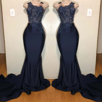 Dark Blue Appliqued Sleeveless Mermaid Prom Dress