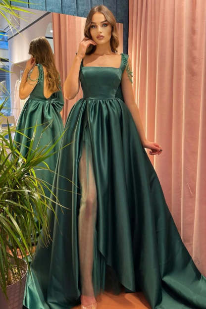 Dark Green Long A-line Satin Front Slit Open Back Prom Dress With Bow - YESBABYONLINE