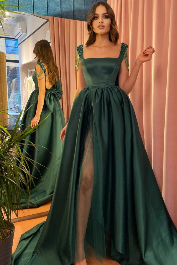 Dark Green Long A-line Satin Front Slit Open Back Prom Dress With Bow - YESBABYONLINE